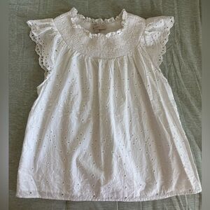LOFT White Eyelet Smocked Neck Top with Flutter Sleeves